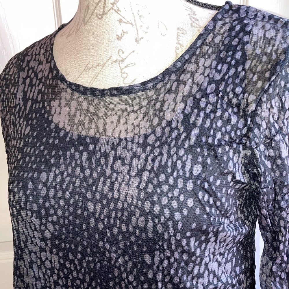 Designer Lisa Bayne Crinkle Asymmetric Sheer Overlay Midi Dress Black Grey XS - Picture 5 of 8